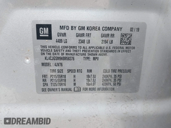 2019 Buick Encore Essence with VIN KL4CJGSM9KB858376, listed as a IAAI auction lot 41695284 with 82,267 mi miles. Bid and sale history available at carsss.com. Image 9.