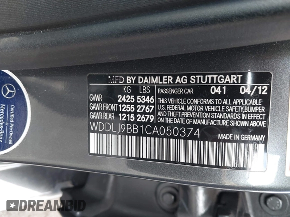 2012 Mercedes-Benz CLS 550 with VIN WDDLJ9BB1CA050374, listed as a IAAI auction lot 41883964 with 61,748 mi miles and . Bid and sale history available at DreamBid. Image 9.