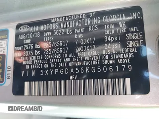 2019 Kia Sorento LX V6 with VIN 5XYPGDA56KG506179, listed as a IAAI auction lot 41409303 with 116,488 mi miles. Bid and sale history available at carsss.com. Image 9.