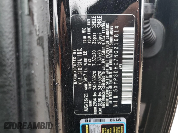 2022 Kia Telluride EX z VIN 5XYP3DHC7NG216814, wystawiony jako Copart lot #57653085 z przebiegiem 20 588 mil mil oraz Szkoda całkowita • Salvage title. Historia ofert i sprzedaży dostępna na DreamBid. Obrazek 12.