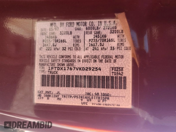 1997 Ford F-150 z VIN 1FTDX1767VKD29254, wystawiony jako Copart lot #60237775 z przebiegiem 278 308 mil mil oraz Szkoda całkowita • Salvage title. Historia ofert i sprzedaży dostępna na DreamBid. Obrazek 13.