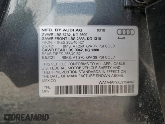 2018 Audi SQ5 Premium Plus with VIN WA1A4AFYXJ2154047, listed as a Copart auction lot 71085584 with 64,018 mi miles and Salvage Title. Bid and sale history available at DreamBid. Image 15.