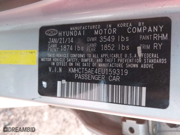 2014 Hyundai Accent GS with VIN KMHCT5AE4EU159319, listed as a IAAI auction lot 41896989 with 204,453 mi miles. Bid and sale history available at carsss.com. Image 9.