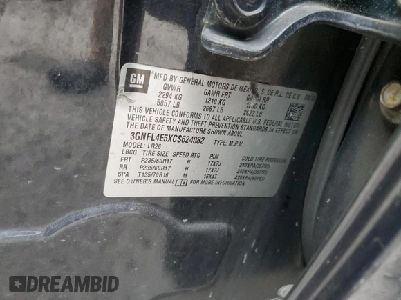 2012 Chevrolet Captiva Sport LTZ with VIN 3GNFL4E5XCS624082, listed as a Copart auction lot 83013754 with 107,037 mi miles and Salvage Title. Bid and sale history available at DreamBid. Image 13.