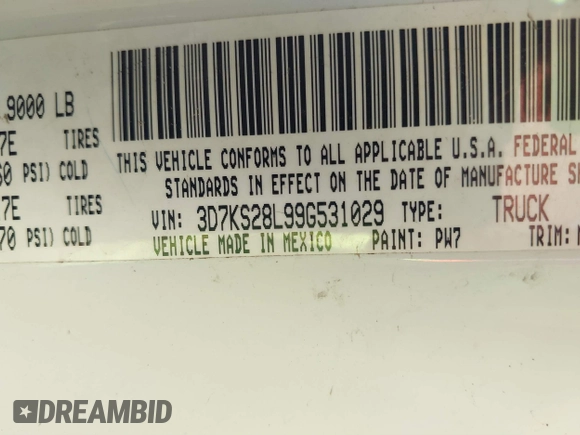 2009 Dodge 2500 SLT with VIN 3D7KS28L99G531029, listed as a IAAI auction lot 41515019 with 188,644 mi miles and . Bid and sale history available at DreamBid. Image 9.
