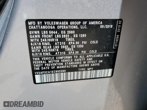 2019 Volkswagen Atlas S с VIN 1V2AP2CA1KC602390, выставлен на аукционе Copart как лот 52676135 с пробегом 134 633 миль миль и Списание • Salvage title. История ставок и продаж доступна на DreamBid. Изображение 13.