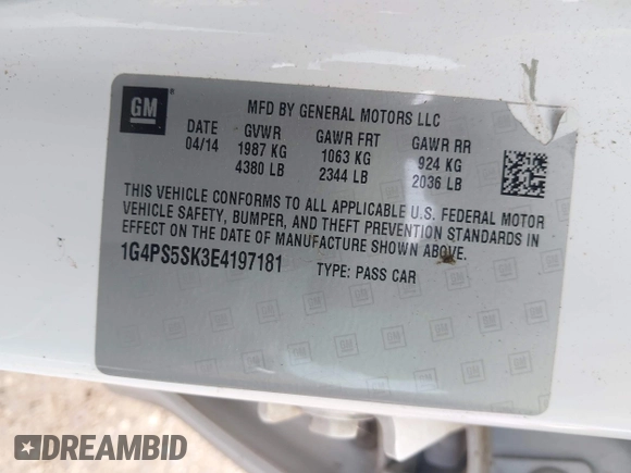2014 Buick Verano Group with VIN 1G4PS5SK3E4197181, listed as a IAAI auction lot 42491132 with 150,000 mi miles and . Bid and sale history available at DreamBid. Image 9.