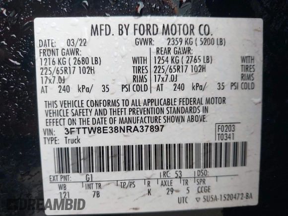 2022 Ford Maverick XL z VIN 3FTTW8E38NRA37897, wystawiony jako IAAI lot #41709562 z przebiegiem 52 977 mil mil oraz . Historia ofert i sprzedaży dostępna na DreamBid. Obrazek 9.