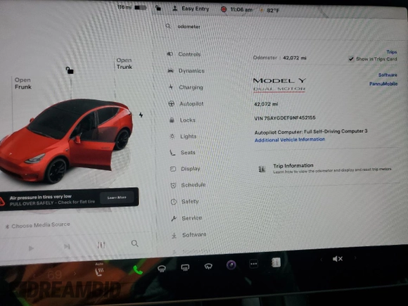 2022 Tesla Model Y Performance with VIN 7SAYGDEF9NF452155, listed as a Copart auction lot 52068895 with 42,072 mi miles and Salvage title. Bid and sale history available at DreamBid. Image 9.