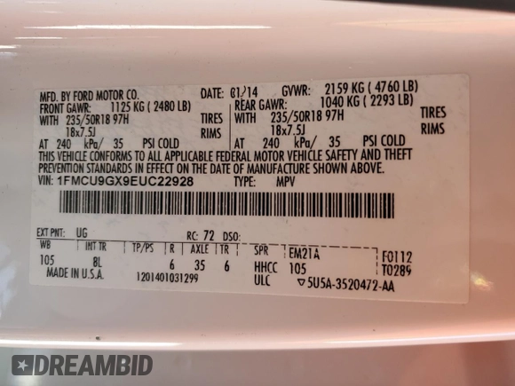 2014 Ford Escape SE with VIN 1FMCU9GX9EUC22928, listed as a Copart auction lot 87408914 with 191,227 mi miles and Salvage Title. Bid and sale history available at carsss.com. Image 13.