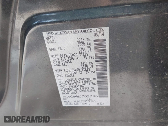 2014 Nissan Pathfinder S z VIN 5N1AR2MM0EC705286, wystawiony jako IAAI lot #41909850 z przebiegiem 136 091 mil mil oraz . Historia ofert i sprzedaży dostępna na DreamBid. Obrazek 9.