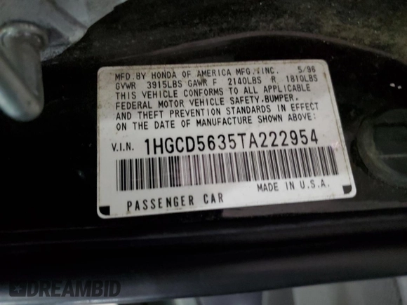 1996 Honda Accord LX with VIN 1HGCD5635TA222954, listed as a Copart auction lot 82606194 with 212,299 mi miles and Salvage Title. Bid and sale history available at DreamBid. Image 12.