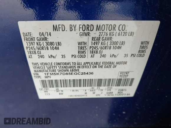 2014 Ford Explorer XLT with VIN 1FM5K7D85EGC25436, listed as a IAAI auction lot 42057073 with 191,178 mi miles and . Bid and sale history available at DreamBid. Image 9.