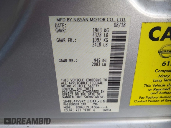 2019 Nissan Altima 2.5 Platinum with VIN 1N4BL4FV9KC100518, listed as a IAAI auction lot 41611860 with 150,216 mi miles. Bid and sale history available at carsss.com. Image 9.
