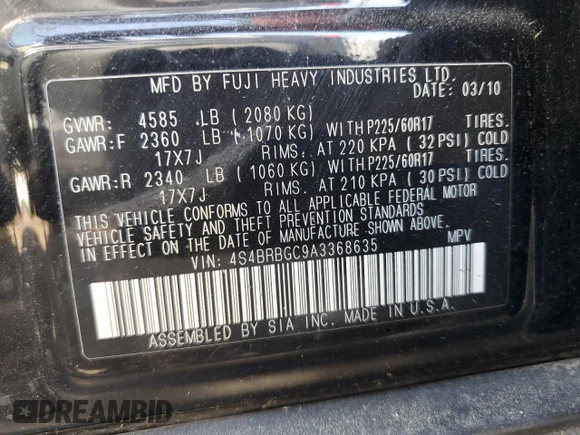 2010 Subaru Outback Premium All-Weather Anniversary with VIN 4S4BRBGC9A3368635, listed as a Copart auction lot 62368195 with 141,019 mi miles and Clean title. Bid and sale history available at DreamBid. Image 13.