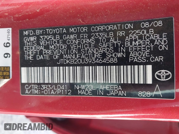 2009 Toyota Prius with VIN JTDKB20U393464588, listed as a IAAI auction lot 41549424 with 191,606 mi miles and . Bid and sale history available at DreamBid. Image 9.