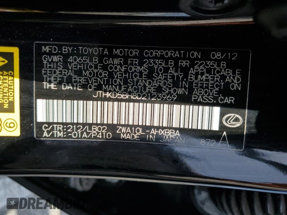 2013 Lexus CT 200h with VIN JTHKD5BH8D2123969, listed as a Copart auction lot 59513835 with 90,176 mi miles and Salvage title. Bid and sale history available at DreamBid. Image 12.