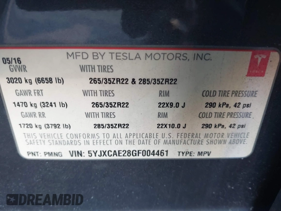 2016 Tesla Model X 70D z VIN 5YJXCAE28GF004461, wystawiony jako IAAI lot #41004214 z przebiegiem 158 962 mil mil oraz . Historia ofert i sprzedaży dostępna na DreamBid. Obrazek 9.