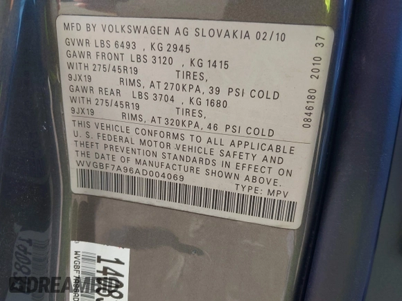 2010 Volkswagen Touareg VR6 with VIN WVGBF7A96AD004069, listed as a IAAI auction lot 41972994 with Not Provided miles and . Bid and sale history available at DreamBid. Image 9.