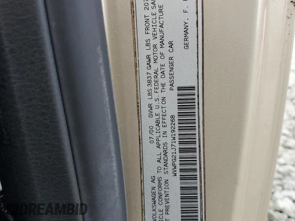 2001 Volkswagen GTI с VIN WVWPG21J71W192268, выставлен на аукционе Copart как лот 63982184 с пробегом 126 685 миль миль и Списание • Salvage title. История ставок и продаж доступна на DreamBid. Изображение 12.