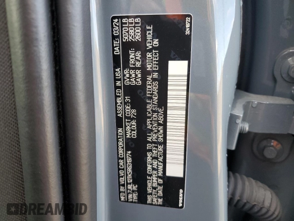 2024 Volvo S60 Core Dark Theme with VIN 7JRL12TK5RG319774, listed as a Copart auction lot 79581424 with 15,049 mi miles and Clean title. Bid and sale history available at DreamBid. Image 12.