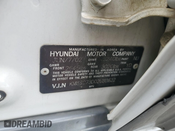 2002 Hyundai Santa Fe GLS with VIN KM8SC73D02U311622, listed as a Copart auction lot 71742874 with 99,807 mi miles and Salvage Title. Bid and sale history available at carsss.com. Image 15.