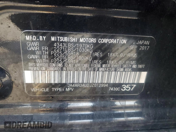 2018 Mitsubishi Outlander ES z VIN JA4AR3AU2JZ012994, wystawiony jako Copart lot #52908005 z przebiegiem 140 804 mil mil oraz Nie do naprawy • Non repairable. Historia ofert i sprzedaży dostępna na DreamBid. Obrazek 13.