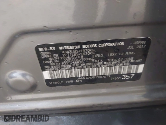 2017 Mitsubishi Outlander ES with VIN JA4AR3AU8HZ067573, listed as a IAAI auction lot 42686761 with 68,032 mi miles and . Bid and sale history available at DreamBid. Image 9.