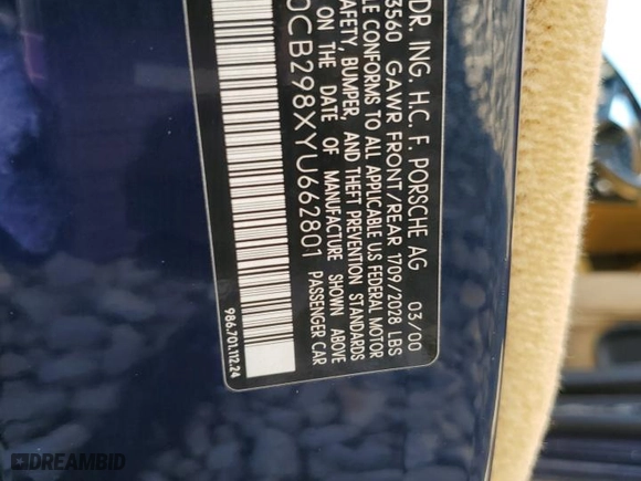 2000 Porsche Boxster S with VIN WP0CB298XYU662801, listed as a Copart auction lot 89003745 with 204,365 mi miles and Salvage Title. Bid and sale history available at carsss.com. Image 12.