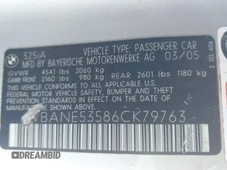 2006 BMW 5 Series 525i with VIN WBANE53586CK79763, listed as a IAAI auction lot 41376038 with 109,494 mi miles. Bid and sale history available at carsss.com. Image 9.