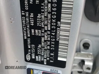 2019 Kia Optima LX with VIN 5XXGT4L30KG360938, listed as a Copart auction lot 58866575 with Not provided miles and Salvage title. Bid and sale history available at DreamBid. Image 12.