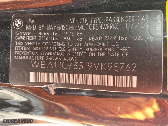 2009 BMW 1 Series 135i with VIN WBAUC73519VK95762, listed as a Copart auction lot 49636375 with 89,890 mi miles and Salvage Title. Bid and sale history available at carsss.com. Image 14.