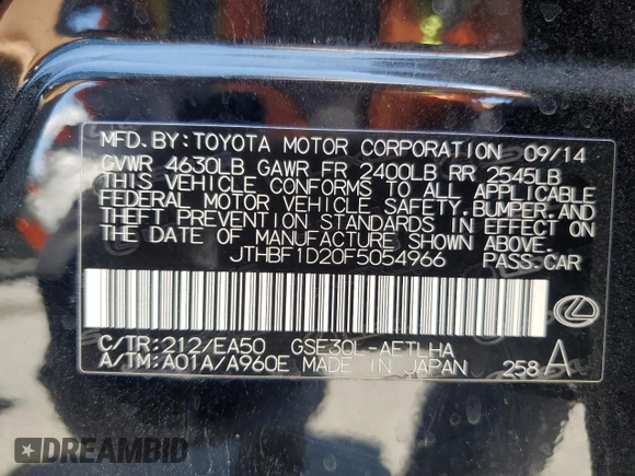 2015 Lexus IS 250 с VIN JTHBF1D20F5054966, выставлен на аукционе Copart как лот 63706685 с пробегом 134 149 миль миль и Списание • Salvage title. История ставок и продаж доступна на DreamBid. Изображение 13.