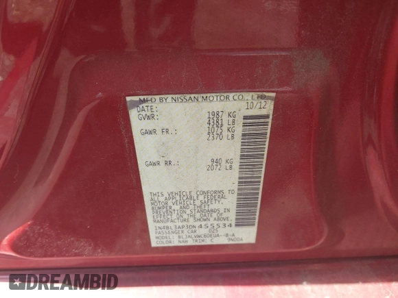 2013 Nissan Altima SV with VIN 1N4BL3AP3DN455534, listed as a IAAI auction lot 42517316 with 130,751 mi miles and . Bid and sale history available at DreamBid. Image 9.