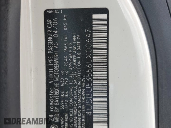 2006 BMW Z4 3.0si with VIN 4USBU53556LX00647, listed as a Copart auction lot 83436974 with 70,077 mi miles and Salvage title. Bid and sale history available at DreamBid. Image 14.