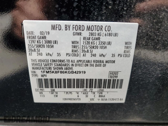 2019 Ford Explorer Limited z VIN 1FM5K8F86KGB42919, wystawiony jako Copart lot #56750555 z przebiegiem 81 520 mil mil oraz Szkoda całkowita • Salvage title. Historia ofert i sprzedaży dostępna na DreamBid. Obrazek 13.