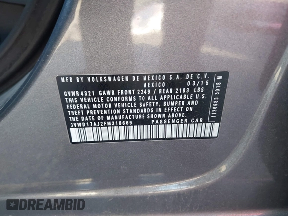 2015 Volkswagen Jetta Sport with VIN 3VWD17AJ2FM318669, listed as a IAAI auction lot 41266868 with 124,539 mi miles and . Bid and sale history available at DreamBid. Image 9.