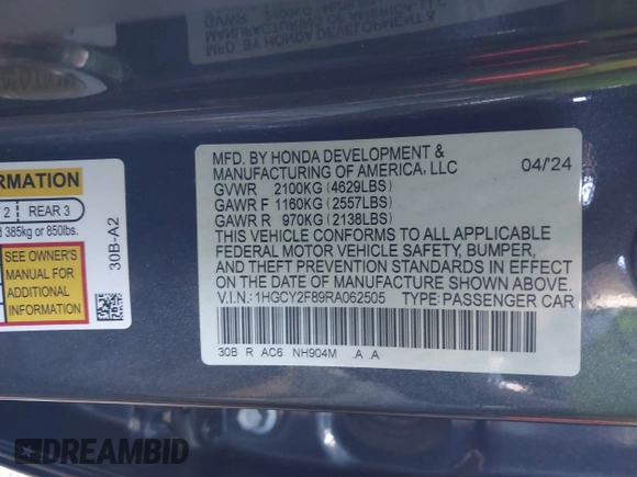 2024 Honda Accord Touring with VIN 1HGCY2F89RA062505, listed as a IAAI auction lot 41763242 with Not provided miles and . Bid and sale history available at DreamBid. Image 9.