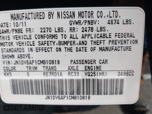 2012 Infiniti G25 Journey with VIN JN1DV6AP1CM810819, listed as a IAAI auction lot 42599059 with 120,194 mi miles and . Bid and sale history available at DreamBid. Image 9.