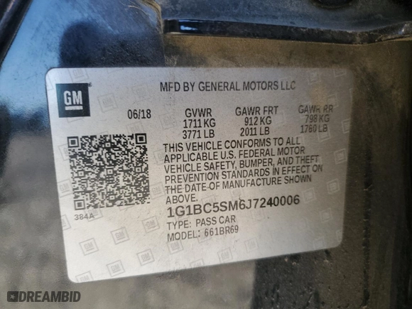 2018 Chevrolet Cruze LS with VIN 1G1BC5SM6J7240006, listed as a Copart auction lot 47010395 with 108,888 mi miles and Salvage Title. Bid and sale history available at carsss.com. Image 14.