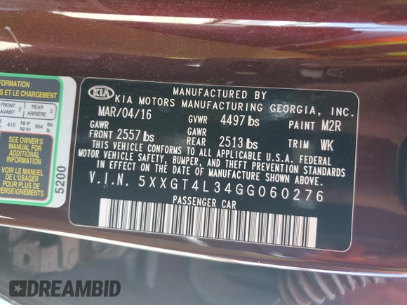 2016 Kia Optima LX with VIN 5XXGT4L34GG060276, listed as a Copart auction lot 65426975 with 129,029 mi miles and Salvage title. Bid and sale history available at DreamBid. Image 12.