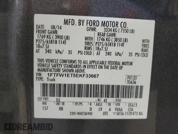 2014 Ford F-150 XL с VIN 1FTFW1ET5EKF33667, выставлен на аукционе Copart как лот 64175075 с пробегом 148 477 миль миль и Чистый • Clean title. История ставок и продаж доступна на DreamBid. Изображение 12.