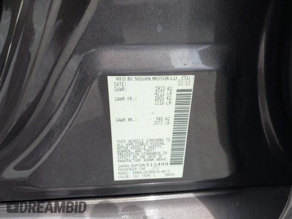 2013 Nissan Altima SV with VIN 1N4AL3AP5DN515499, listed as a IAAI auction lot 42121250 with 78,321 mi miles and . Bid and sale history available at carsss.com. Image 9.