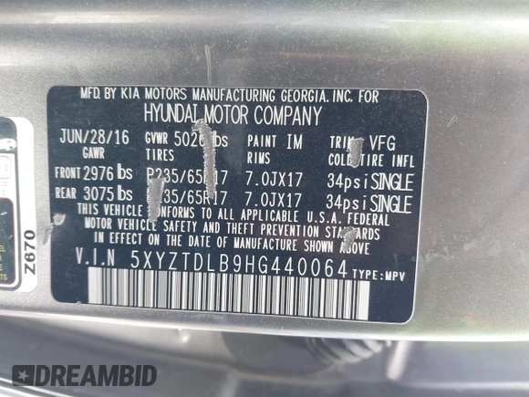 2017 Hyundai Santa Fe 2.4L with VIN 5XYZTDLB9HG440064, listed as a IAAI auction lot 42061524 with 140,365 mi miles and . Bid and sale history available at DreamBid. Image 9.