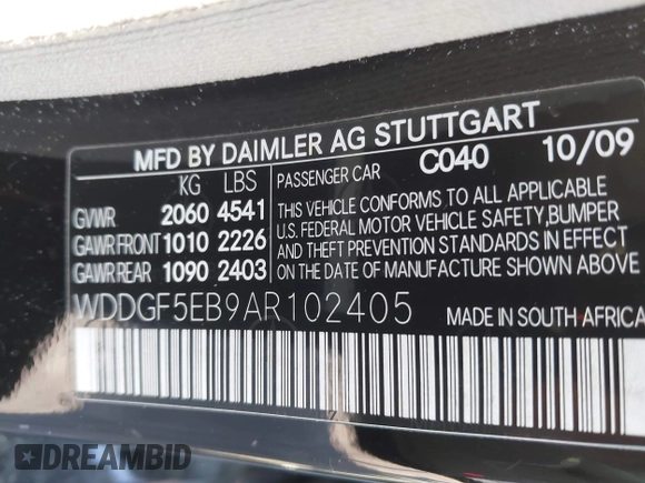 2010 Mercedes-Benz C 300 Sport with VIN WDDGF5EB9AR102405, listed as a IAAI auction lot 42444753 with 186,158 mi miles and . Bid and sale history available at DreamBid. Image 9.