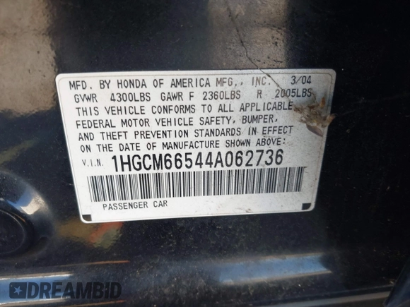2004 Honda Accord EX с VIN 1HGCM66544A062736, выставлен на аукционе IAAI как лот 42375320 с пробегом 235 296 миль миль и . История ставок и продаж доступна на DreamBid. Изображение 9.