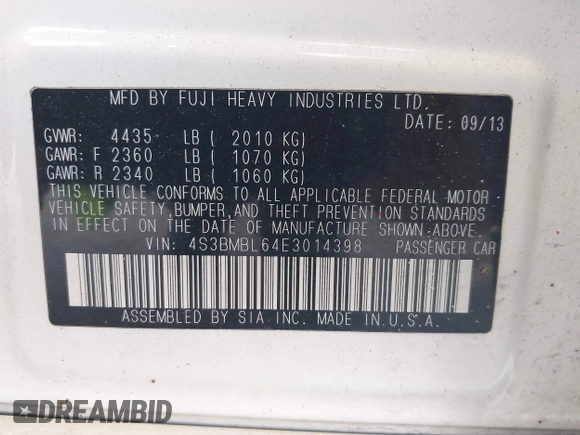 2014 Subaru Legacy Limited with VIN 4S3BMBL64E3014398, listed as a IAAI auction lot 42441723 with 191,132 mi miles and . Bid and sale history available at DreamBid. Image 9.