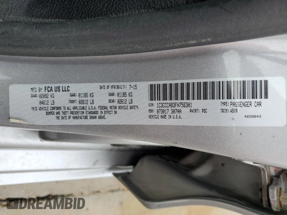 2015 Chrysler 200 Limited with VIN 1C3CCCAB3FN756301, listed as a Copart auction lot 45863855 with 125,190 mi miles and Salvage Title. Bid and sale history available at carsss.com. Image 12.
