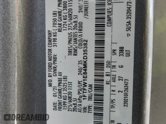 2021 Ford F-150 XL with VIN 1FTFW1E84MKD35382, listed as a Copart auction lot 63413675 with Not provided miles and Salvage title. Bid and sale history available at DreamBid. Image 12.