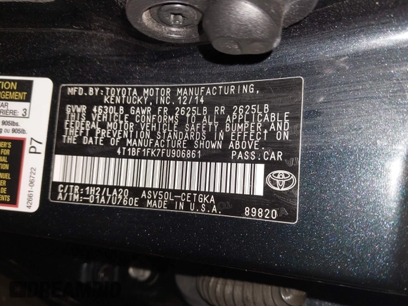 2015 Toyota Camry XLE with VIN 4T1BF1FK7FU906861, listed as a IAAI auction lot 41753920 with 92,389 mi miles and . Bid and sale history available at DreamBid. Image 9.